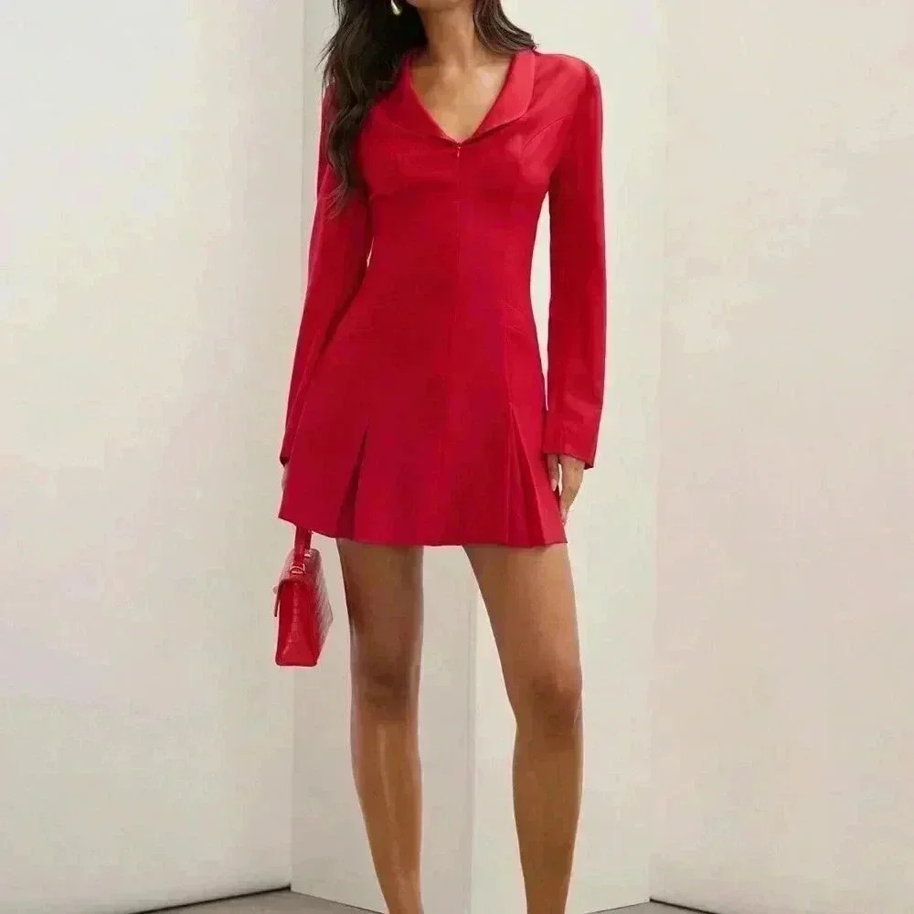 Red Elegant Women's Solid Color Lapel Long Sleeve Pleated Hem Blazer Mini Dress